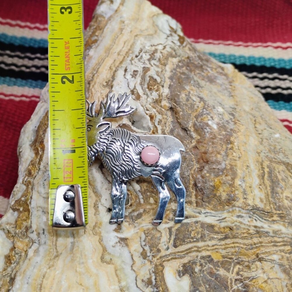 Sterling Silver Pink Conch Shell Moose Elk Pendant 2" Long - Picture 4 of 7